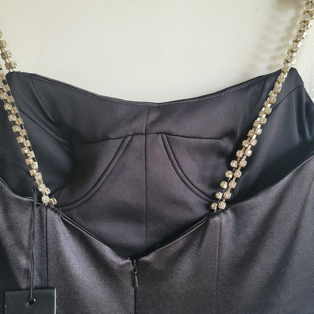 Mac Duggal Black Satin Gown with Embellished Straps - Picture 7 of 16